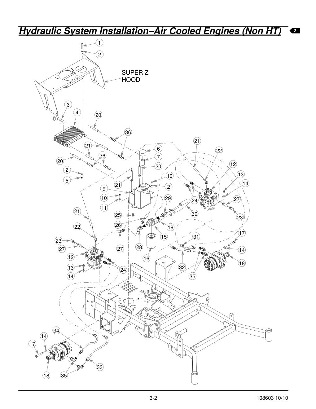Hustler Super Z Parts Manual - 108603 - Hydraulic System Installation-Air Cooled Engines (Non HT) diagram