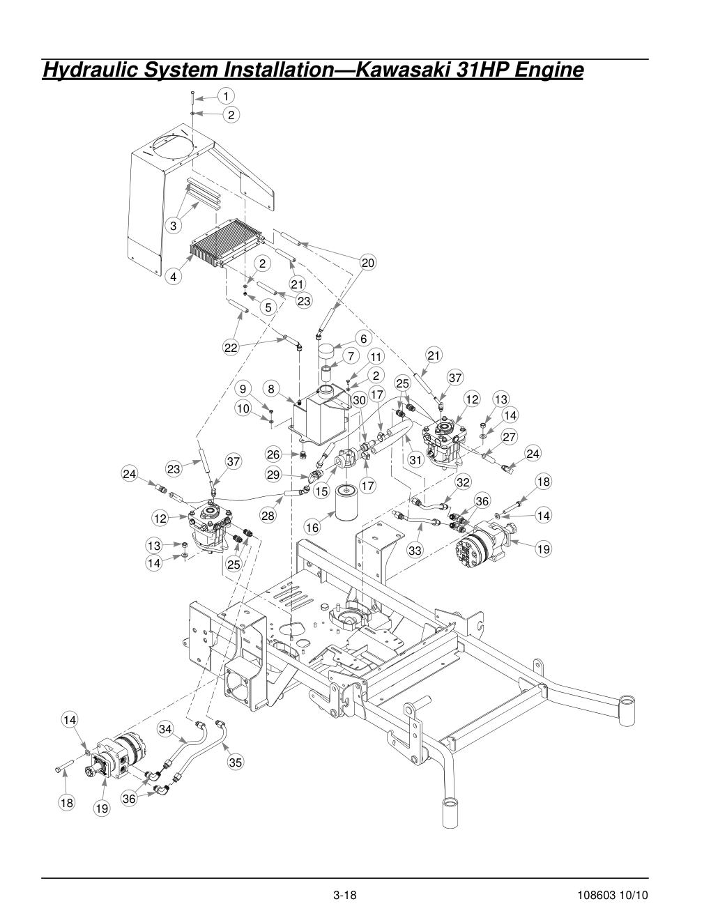 Hustler Super Z Parts Manual - 108603 - Hydraulic System Installation-Kawasaki 31HP Engine diagram