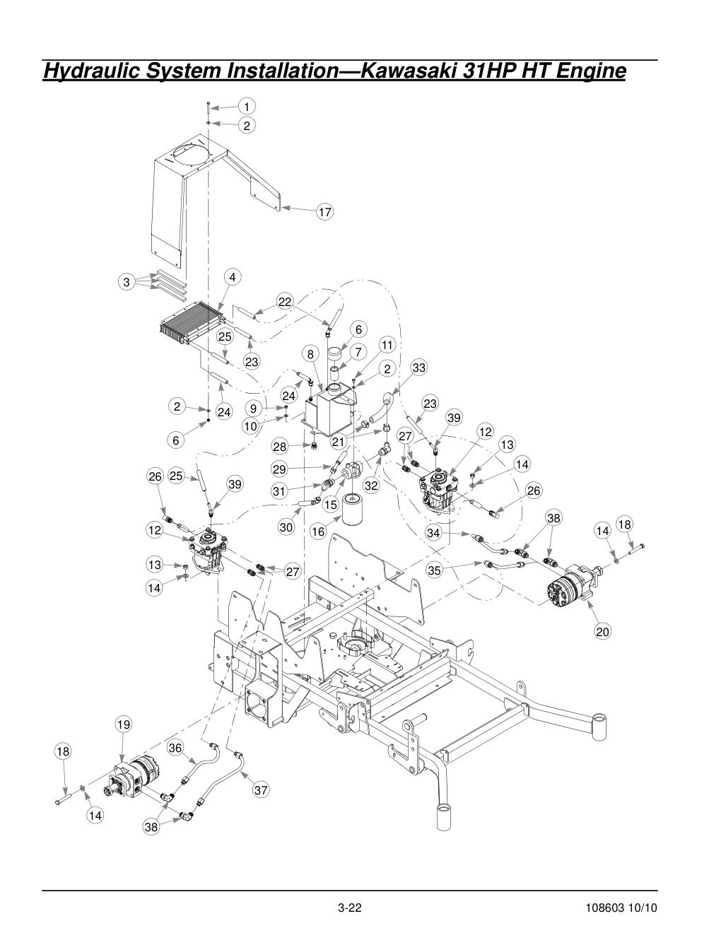 Hustler Super Z Parts Manual - 108603 - Hydraulic System Installation-Kawasaki 31HP HT Engine diagram