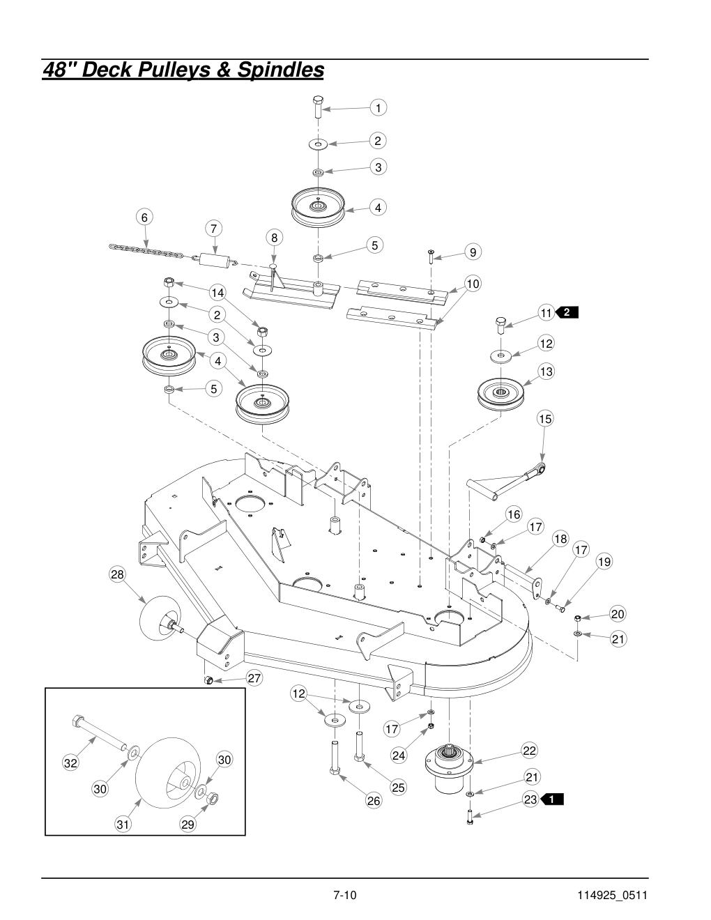 Hustler Trimstar Parts Manual - 930388 - 48" Deck Pulleys & Spindles diagram