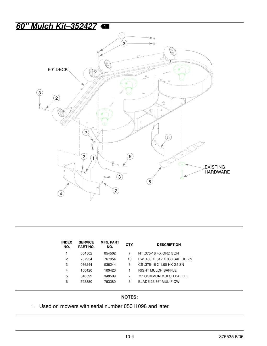 Hustler Z Parts Manual - 375535 - 60" Mulch Kit-352427 diagram