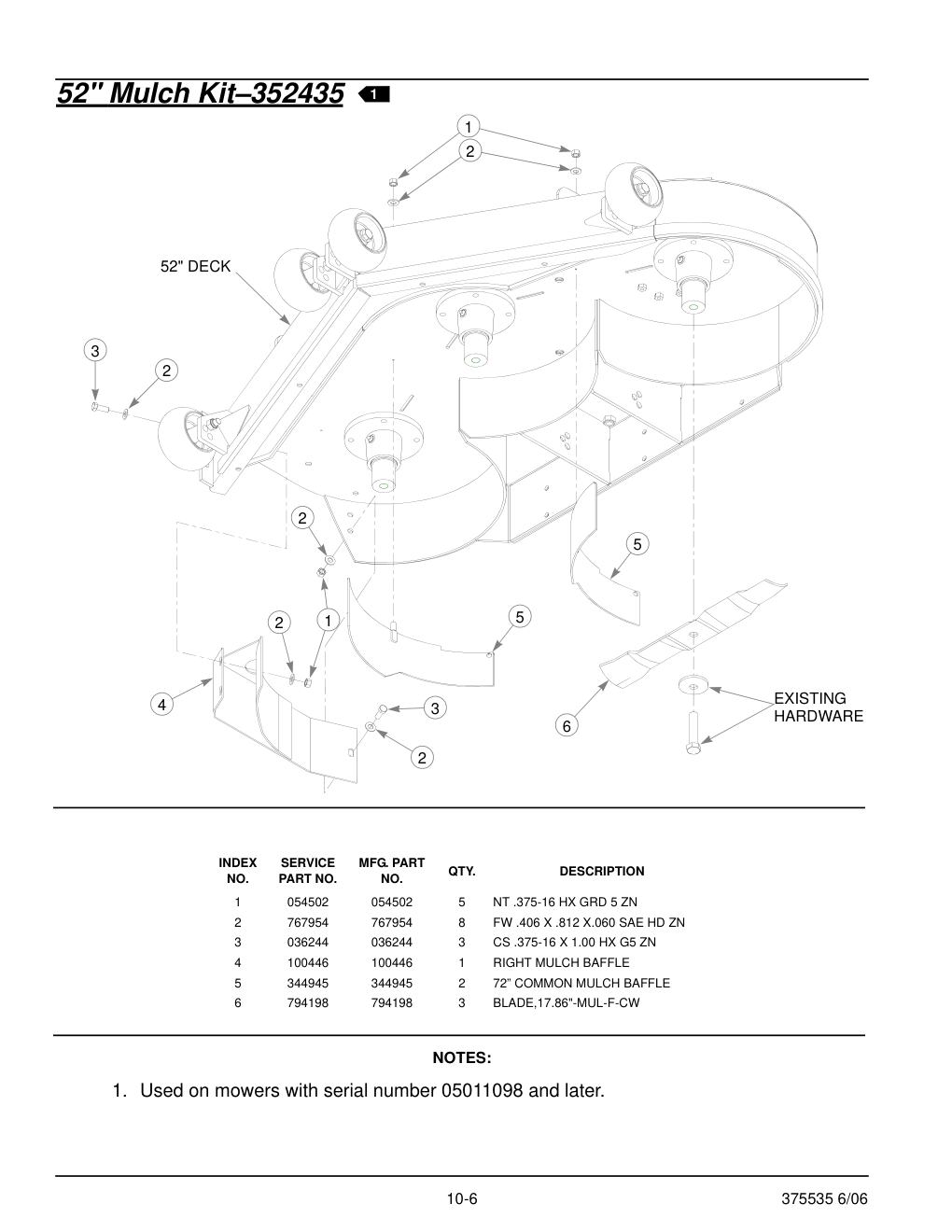 Hustler Z Parts Manual - 375535 - 52" Mulch Kit-352435 diagram