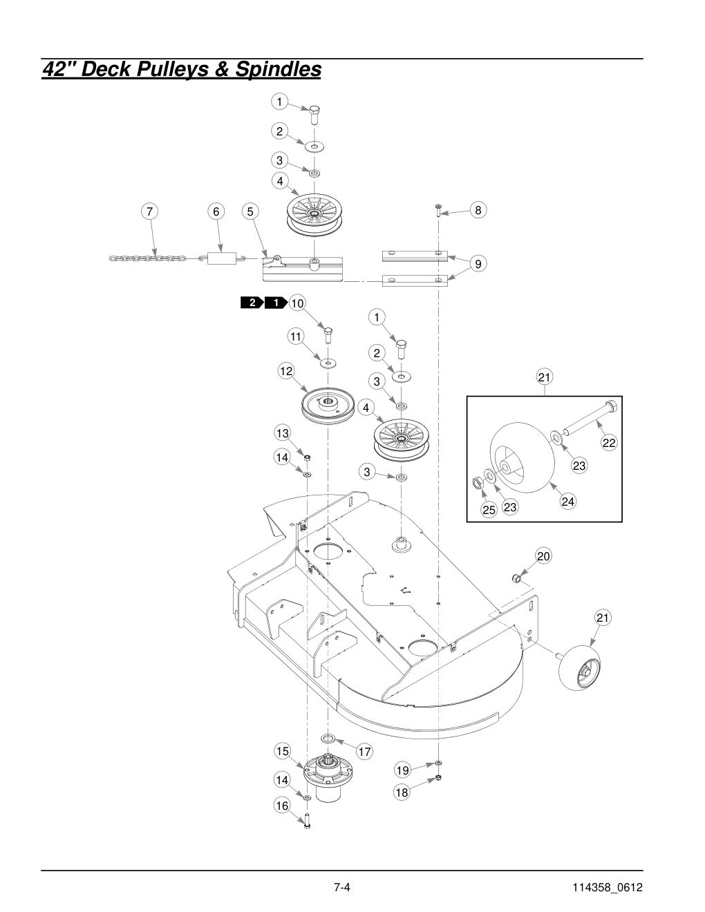 Hustler® Sport Parts Manual - 930198 - 42" Deck Pulleys & Spindles diagram