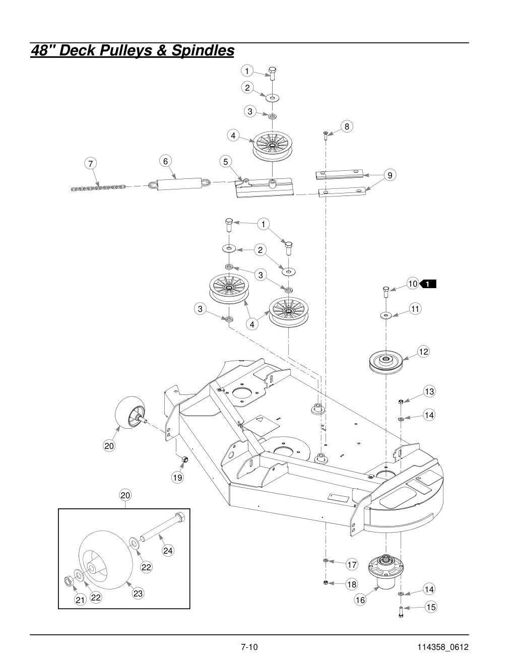 Hustler® Sport Parts Manual - 930198 - 48" Deck Pulleys & Spindles diagram
