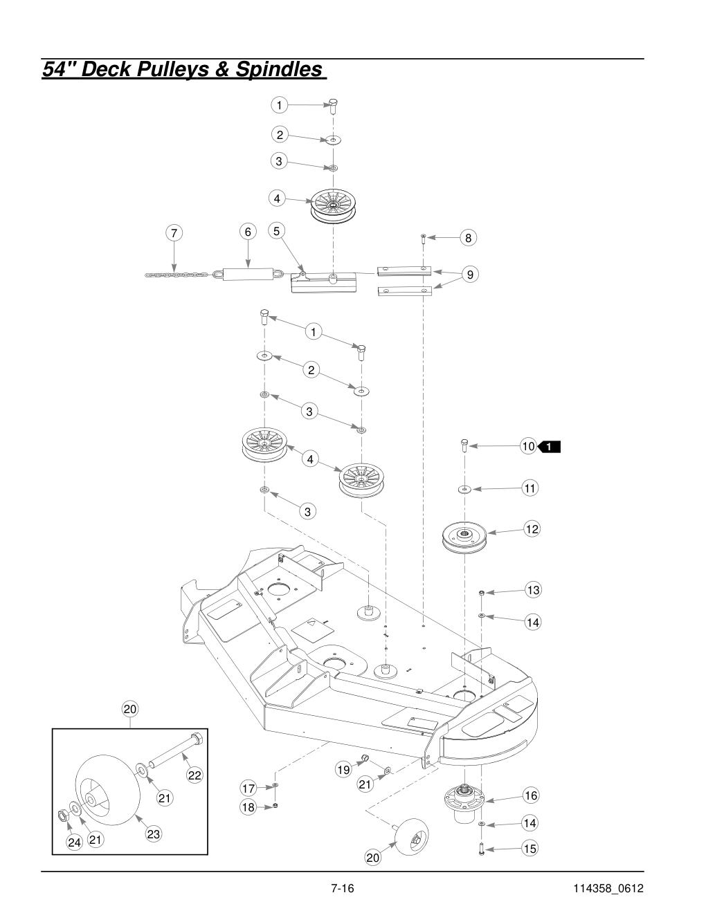 Hustler® Sport Parts Manual - 930198 - 54" Deck Pulleys & Spindles diagram