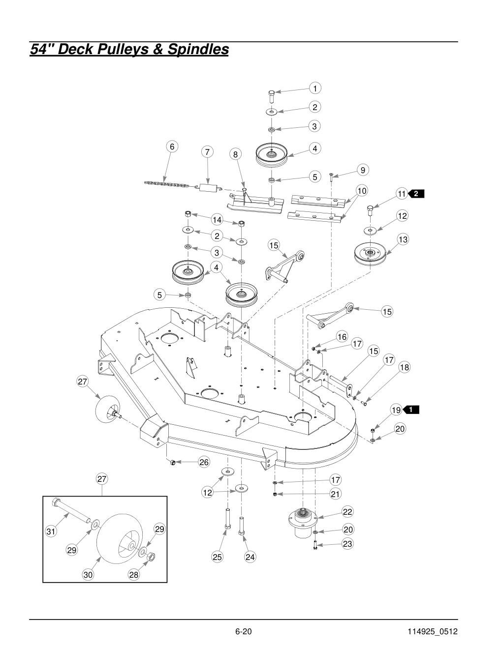 Hustler® Trimstar Parts Manual - 930388 - 54" Deck Pulleys & Spindles diagram