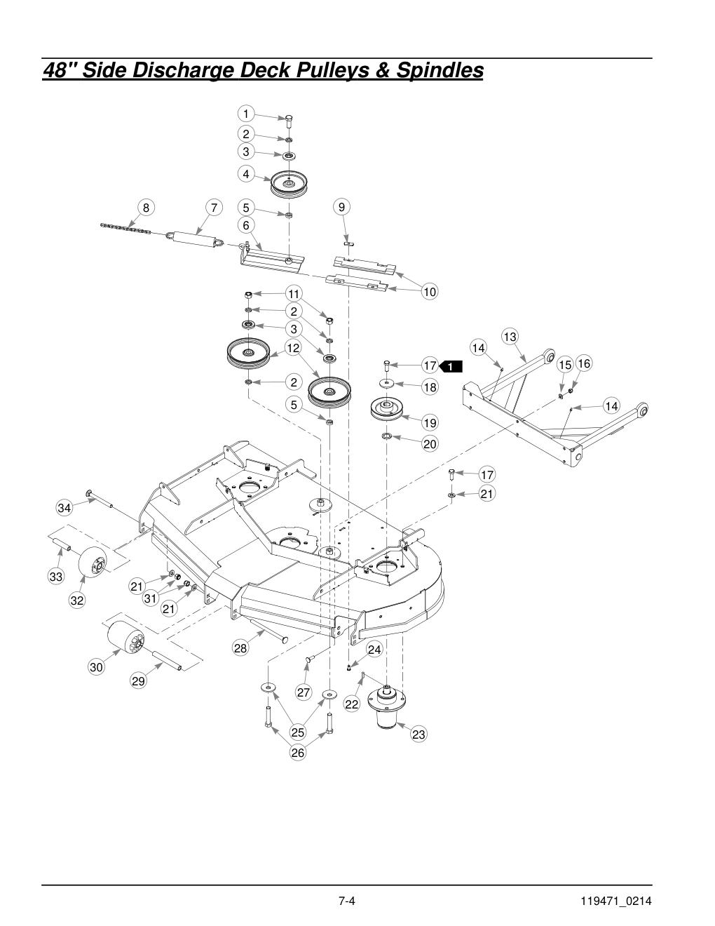 Hustler® X-One Parts Manual - 932715 - 48" Side Discharge Deck Pulleys & Spindles diagram