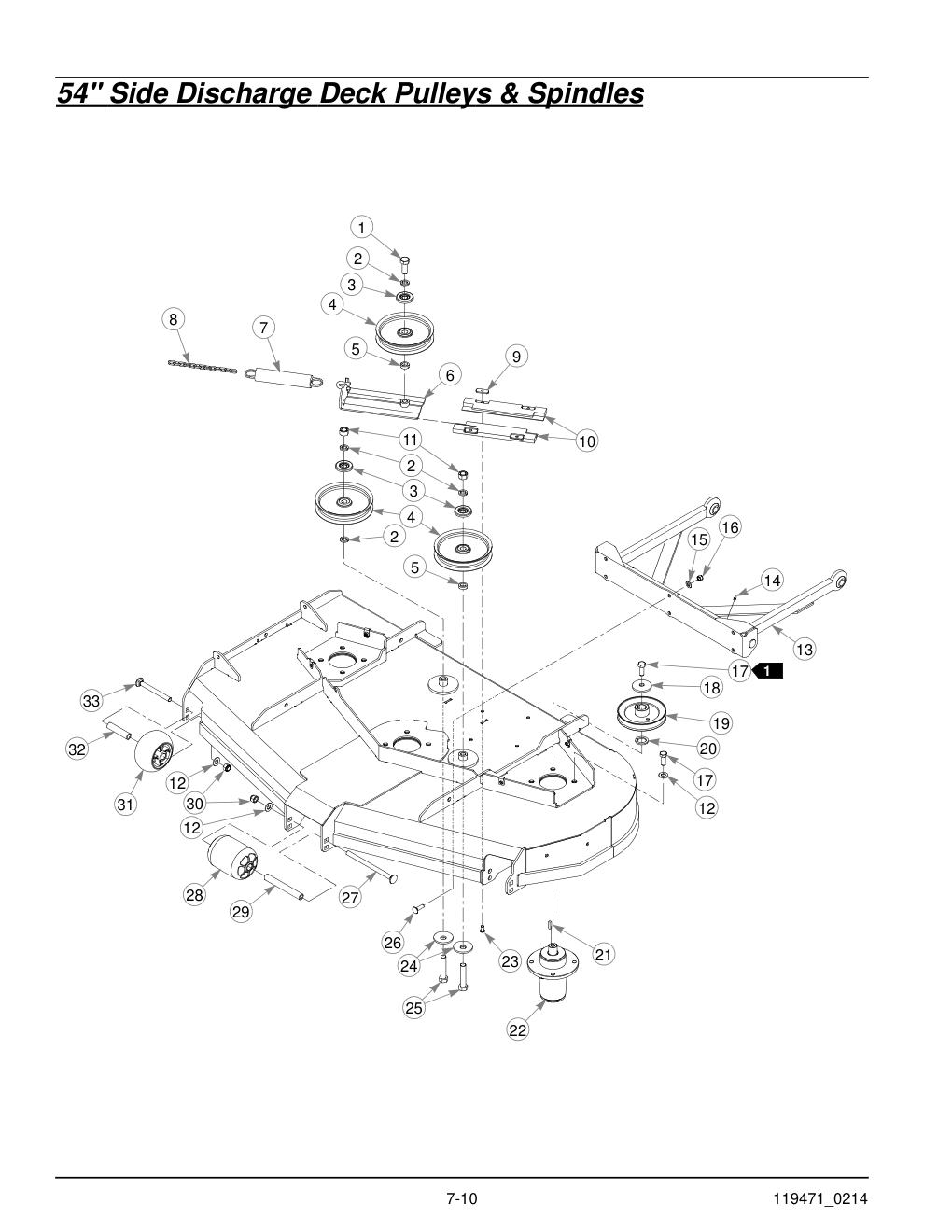 Hustler® X-One Parts Manual - 932715 - 54" Side Discharge Deck Pulleys & Spindles diagram