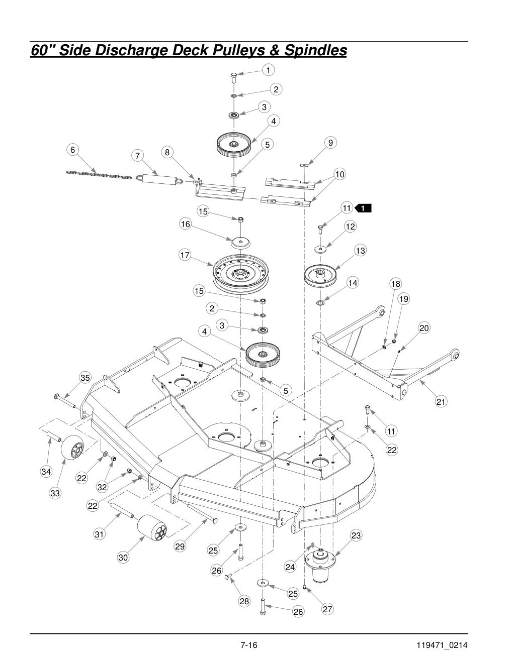 Hustler® X-One Parts Manual - 932715 - 60" Side Discharge Deck Pulleys & Spindles diagram