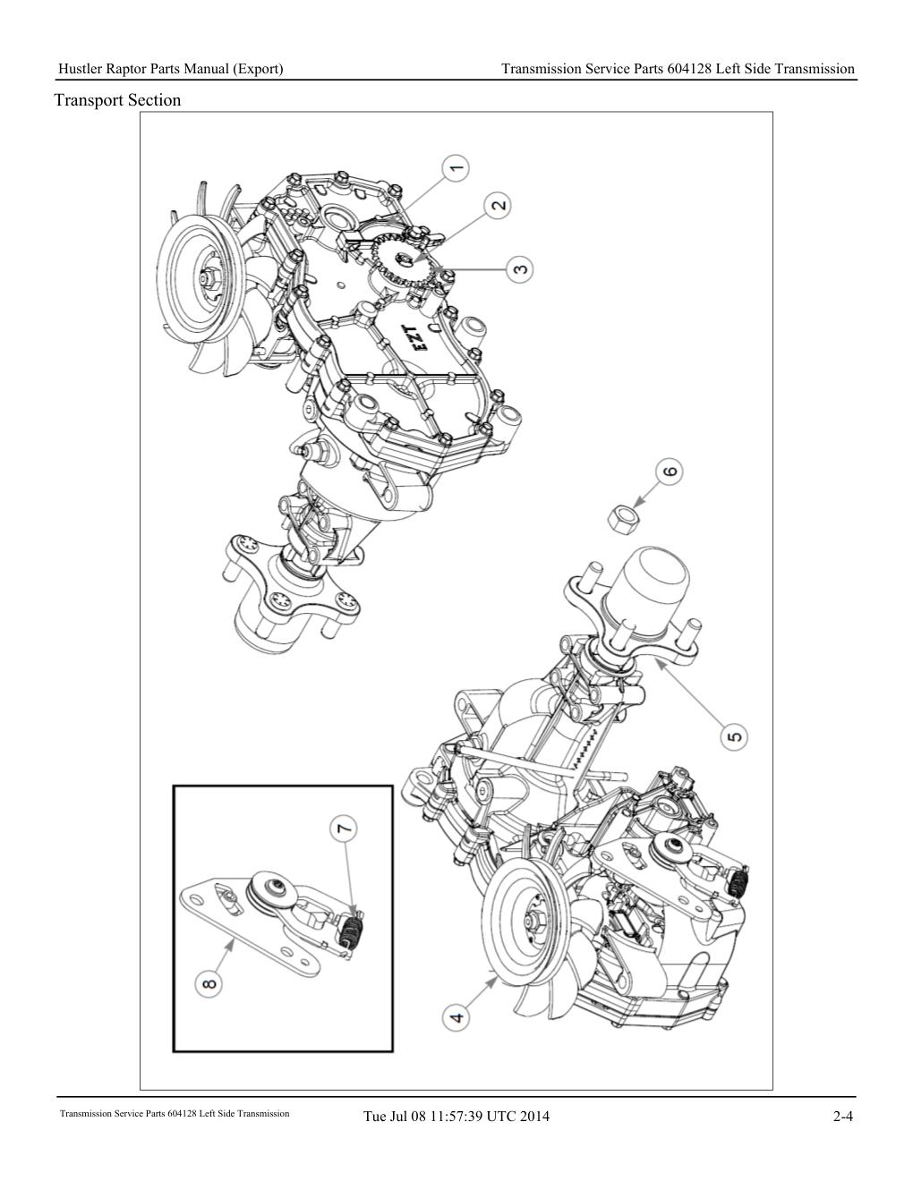 Hustler Raptor Parts Manual - 604127 - Transmission Service Parts 604128 Left Side Transmission diagram