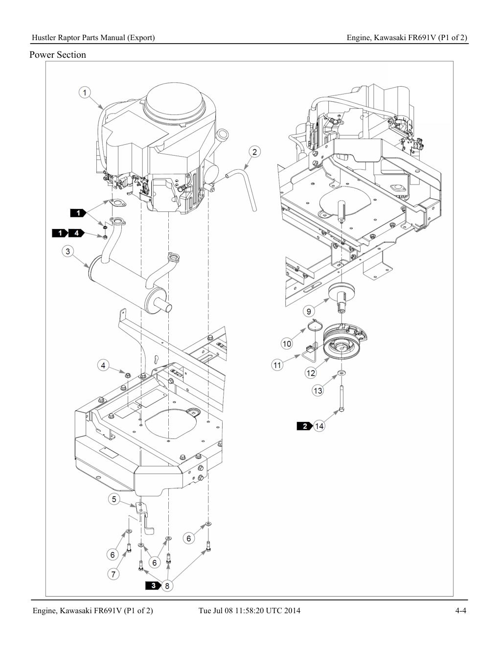 Hustler Raptor Parts Manual - 604127 - Engine, Kawasaki FR691V (P1 of 2) diagram