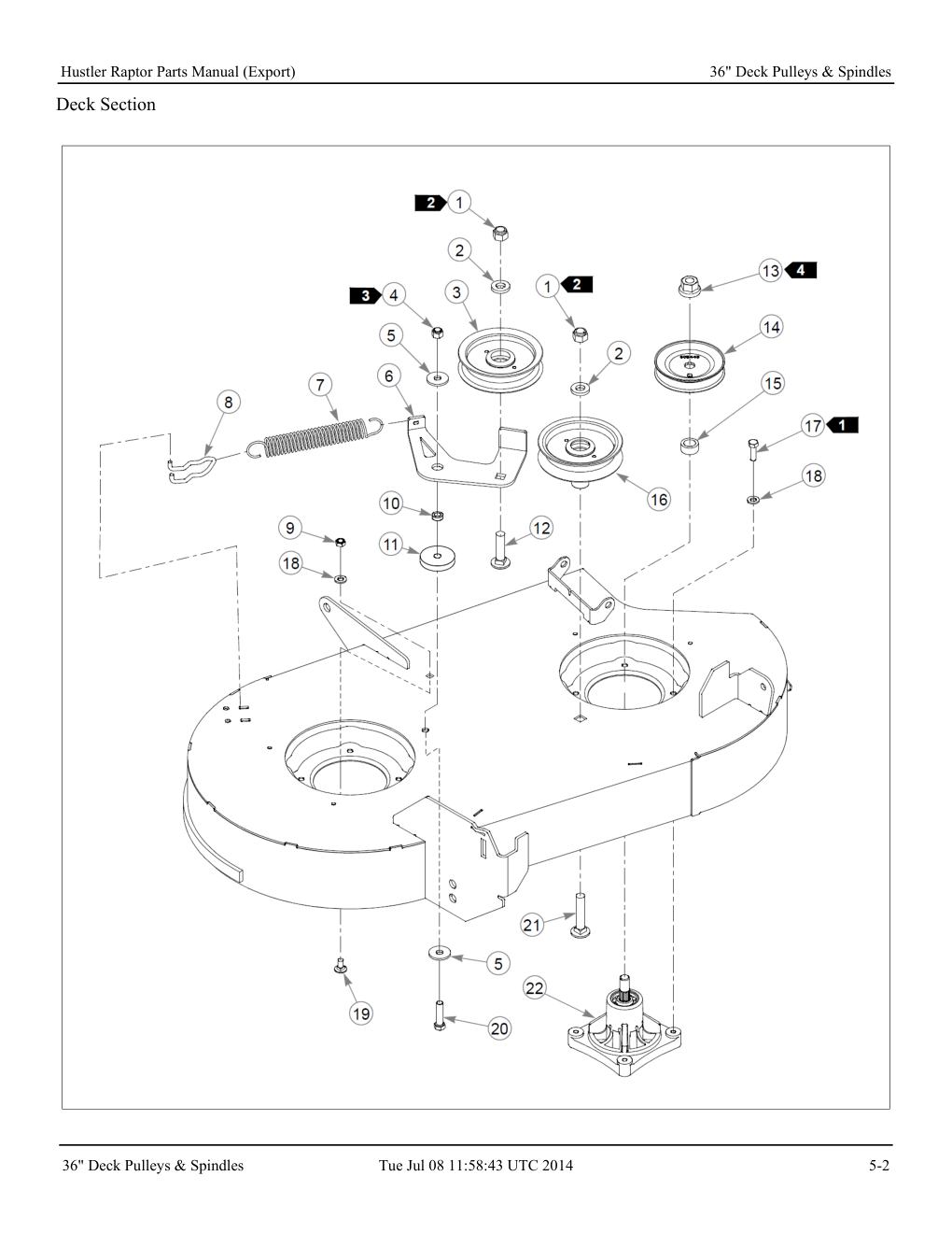 Hustler Raptor Parts Manual - 604127 - 36" Deck Pulleys & Spindles diagram