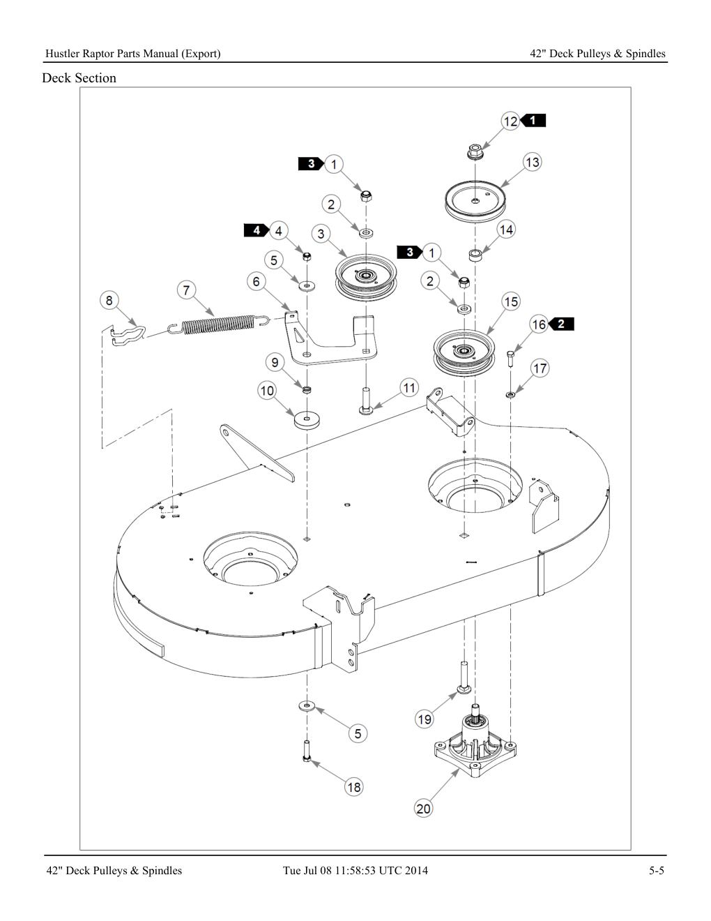 Hustler Raptor Parts Manual - 604127 - 42" Deck Pulleys & Spindles diagram