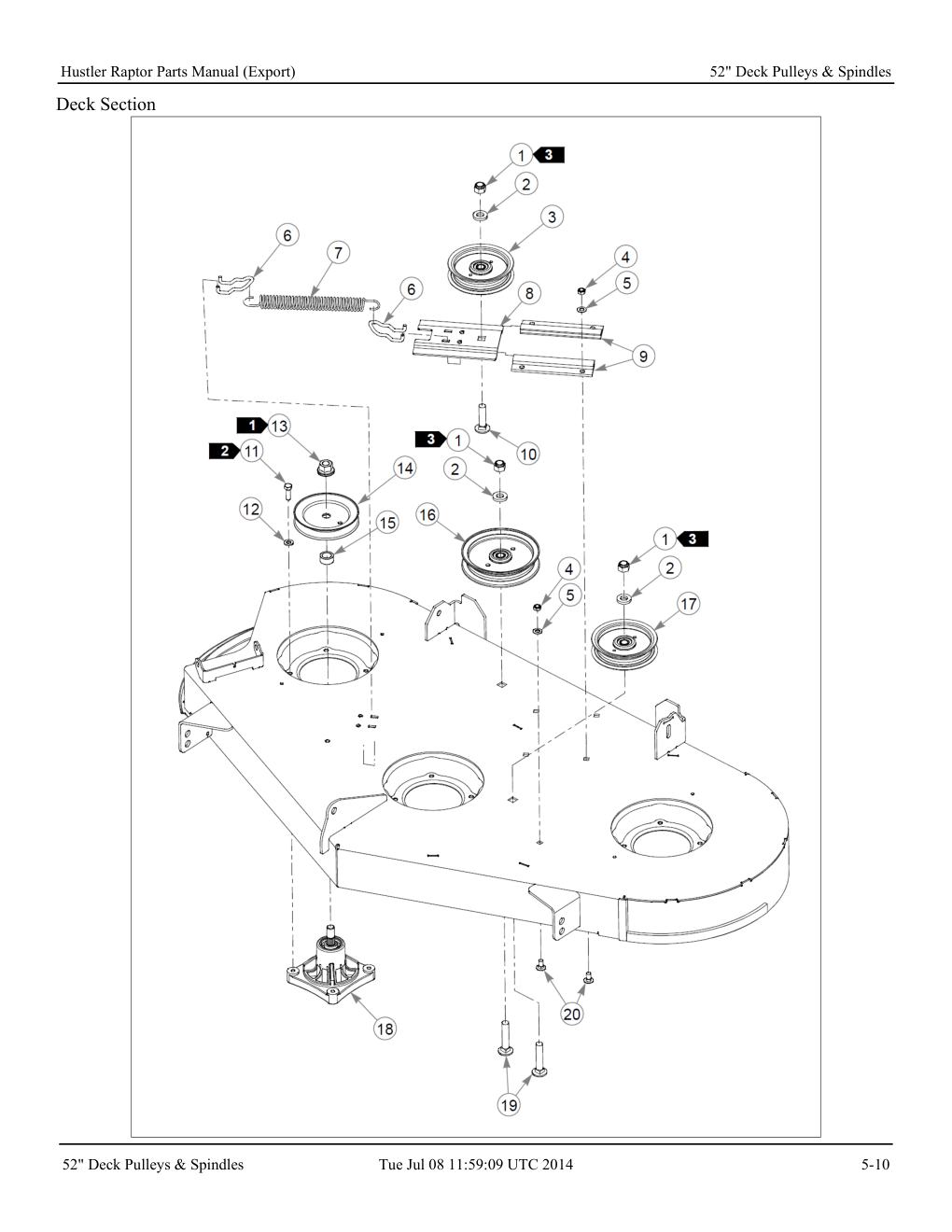Hustler Raptor Parts Manual - 604127 - 52" Deck Pulleys & Spindles diagram