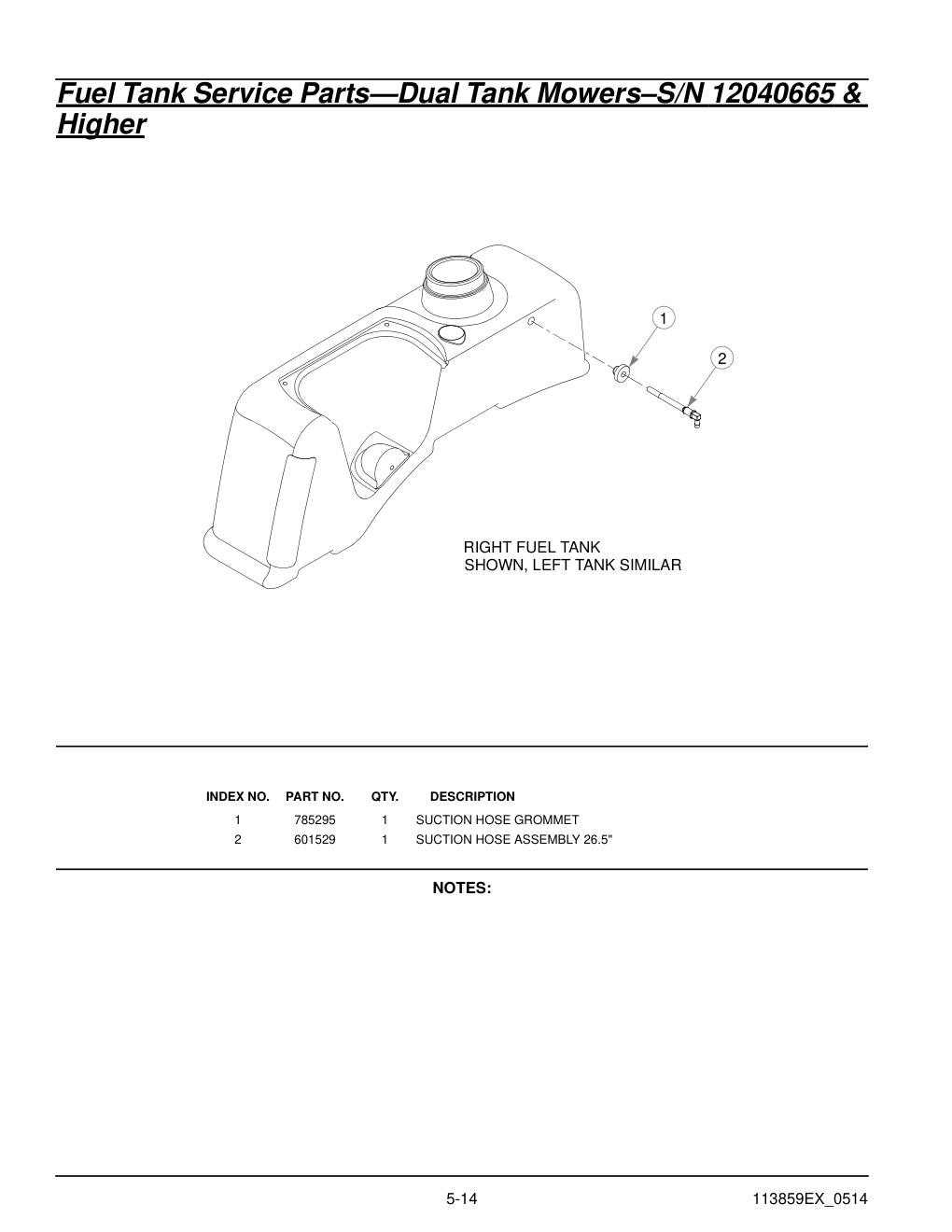 48"-60" Parts Manual - 930107EX - Fuel Tank Service Parts-Dual Tank Mowers-S/N 12040665 & diagram