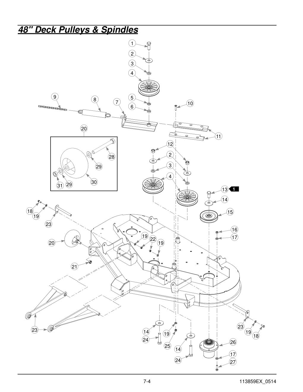 48"-60" Parts Manual - 930107EX - 48" Deck Pulleys & Spindles diagram