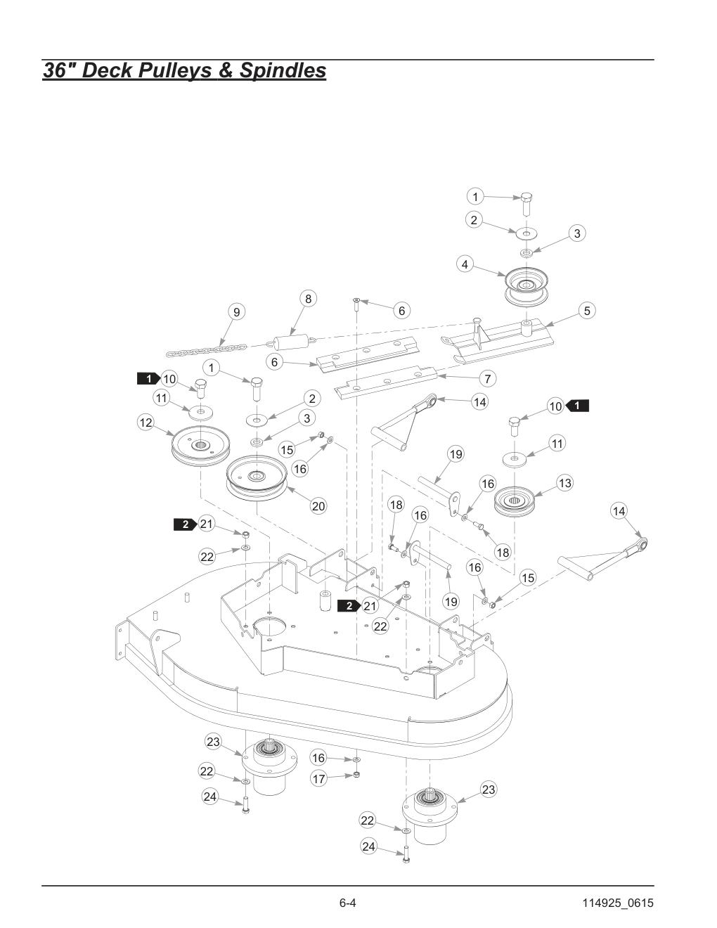 Hustler® TrimStar Parts Manual - 930388 - 36" Deck Pulleys & Spindles diagram