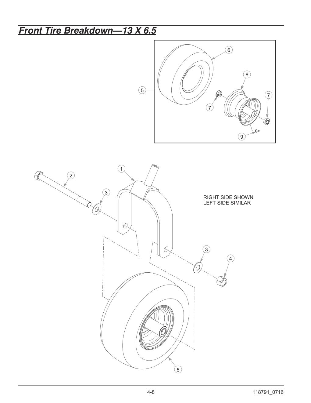 Hustler® Raptor® SD Parts Manual - 932541 - Front Tire Breakdown-13 X 6.5 diagram