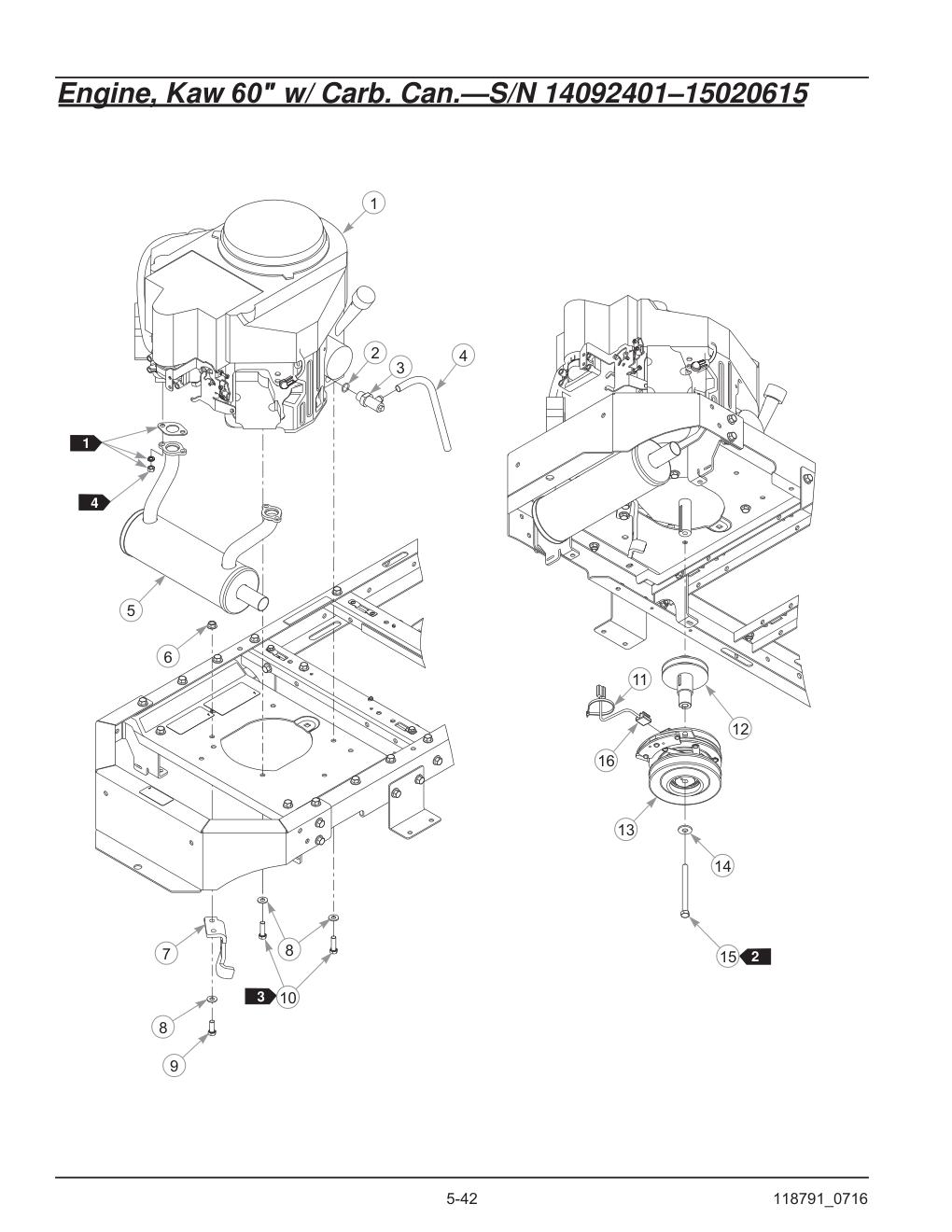 Hustler® Raptor® SD Parts Manual - 932541 - Engine, Kaw 60" w/ Carb. Can.-S/N 14092401-15020615 diagram