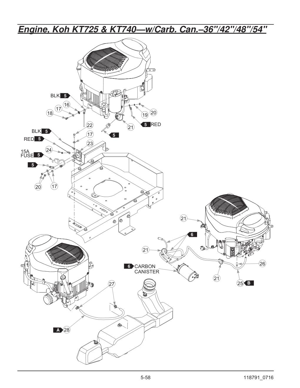 Hustler® Raptor® SD Parts Manual - 932541 - Engine, Koh KT725 & KT740-w/Carb. Can.-36"/42"/48"/54" diagram