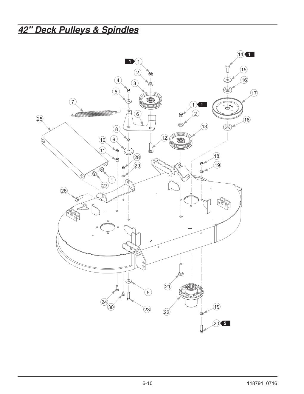 Hustler® Raptor® SD Parts Manual - 932541 - 42" Deck Pulleys & Spindles diagram
