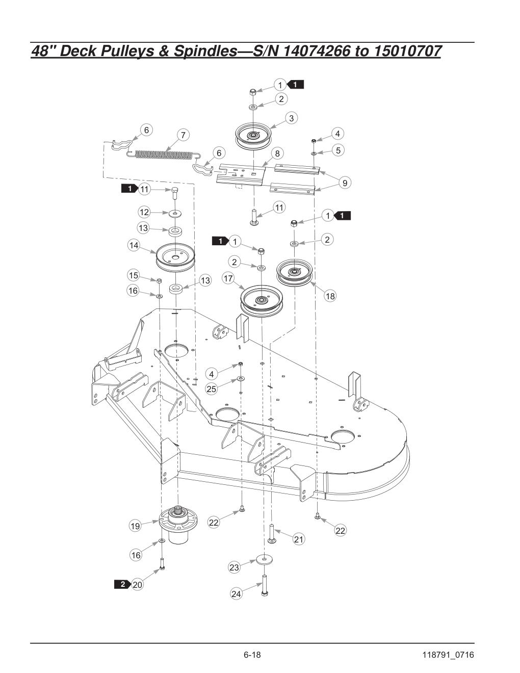 Hustler® Raptor® SD Parts Manual - 932541 - 48" Deck Pulleys & Spindles-S/N 14074266 to 15010707 diagram