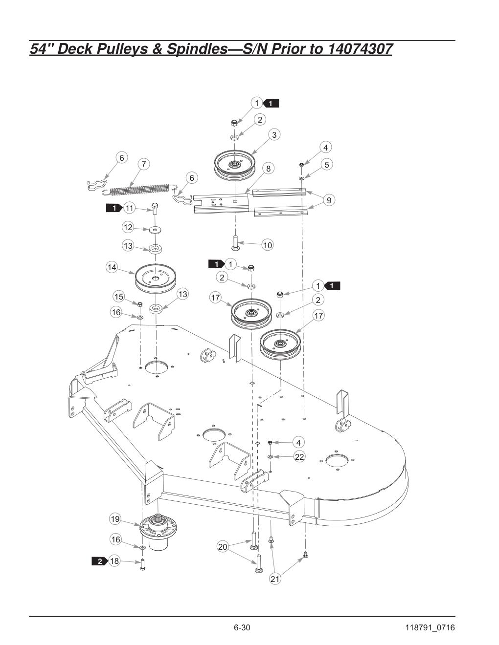 Hustler® Raptor® SD Parts Manual - 932541 - 54" Deck Pulleys & Spindles-S/N Prior to 14074307 diagram