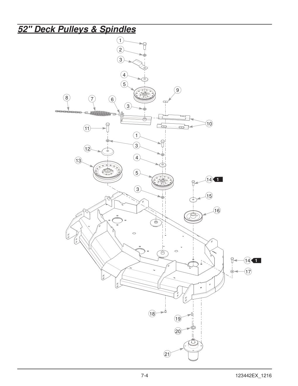 Hustler® X-One® Parts Manual - 936237EX - 52" Deck Pulleys & Spindles diagram