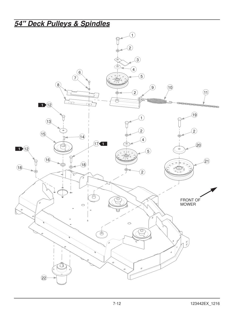 Hustler® X-One® Parts Manual - 936237EX - 54" Deck Pulleys & Spindles diagram