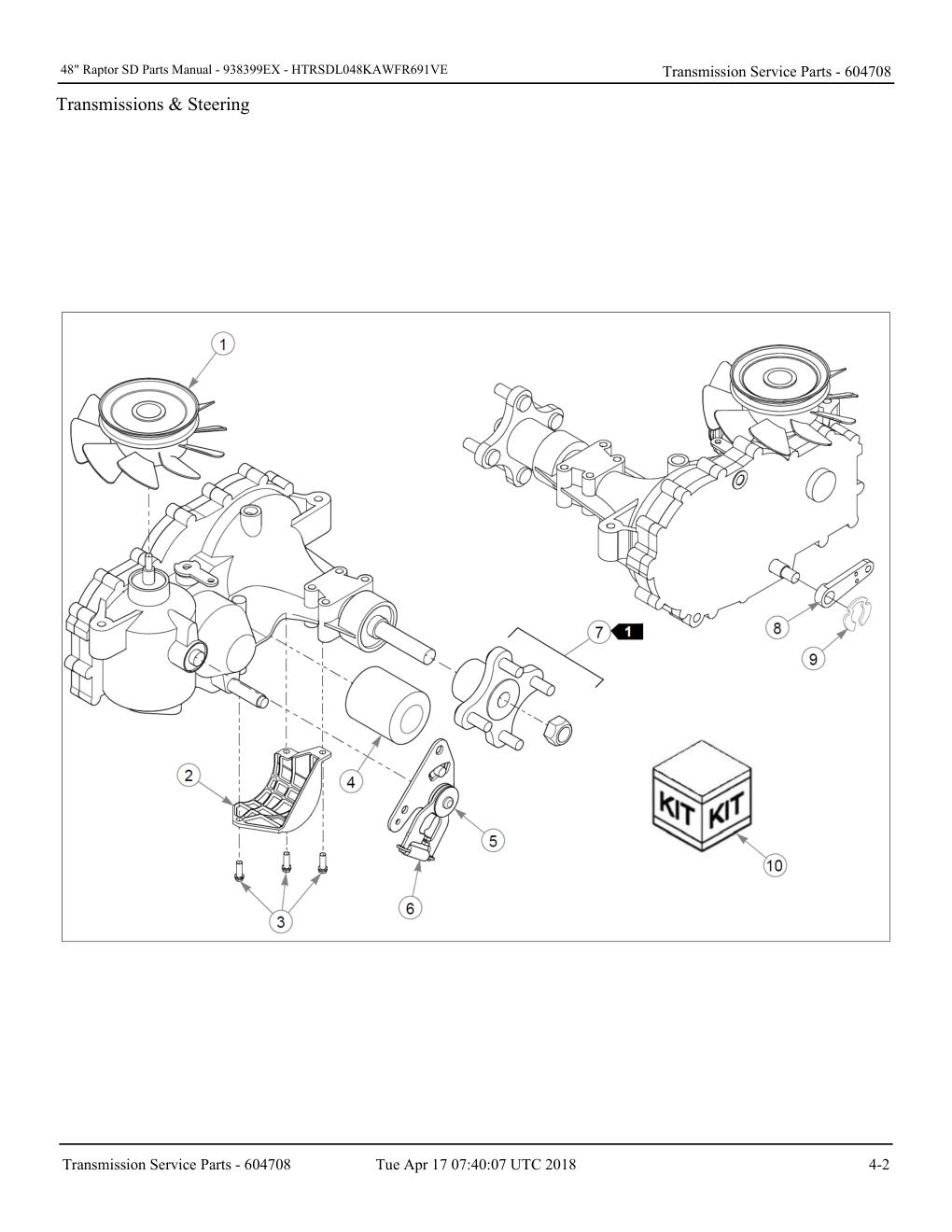 48" Raptor SD Parts Manual - - 938399EX - Transmission Service Parts - 604708 diagram
