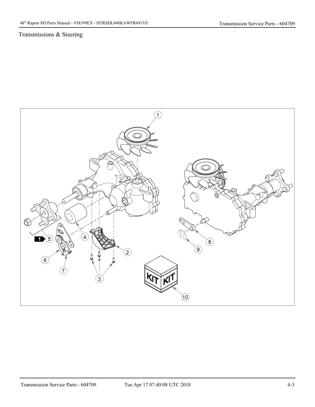 48" Raptor SD Parts Manual - - 938399EX - Transmission Service Parts - 604709 diagram