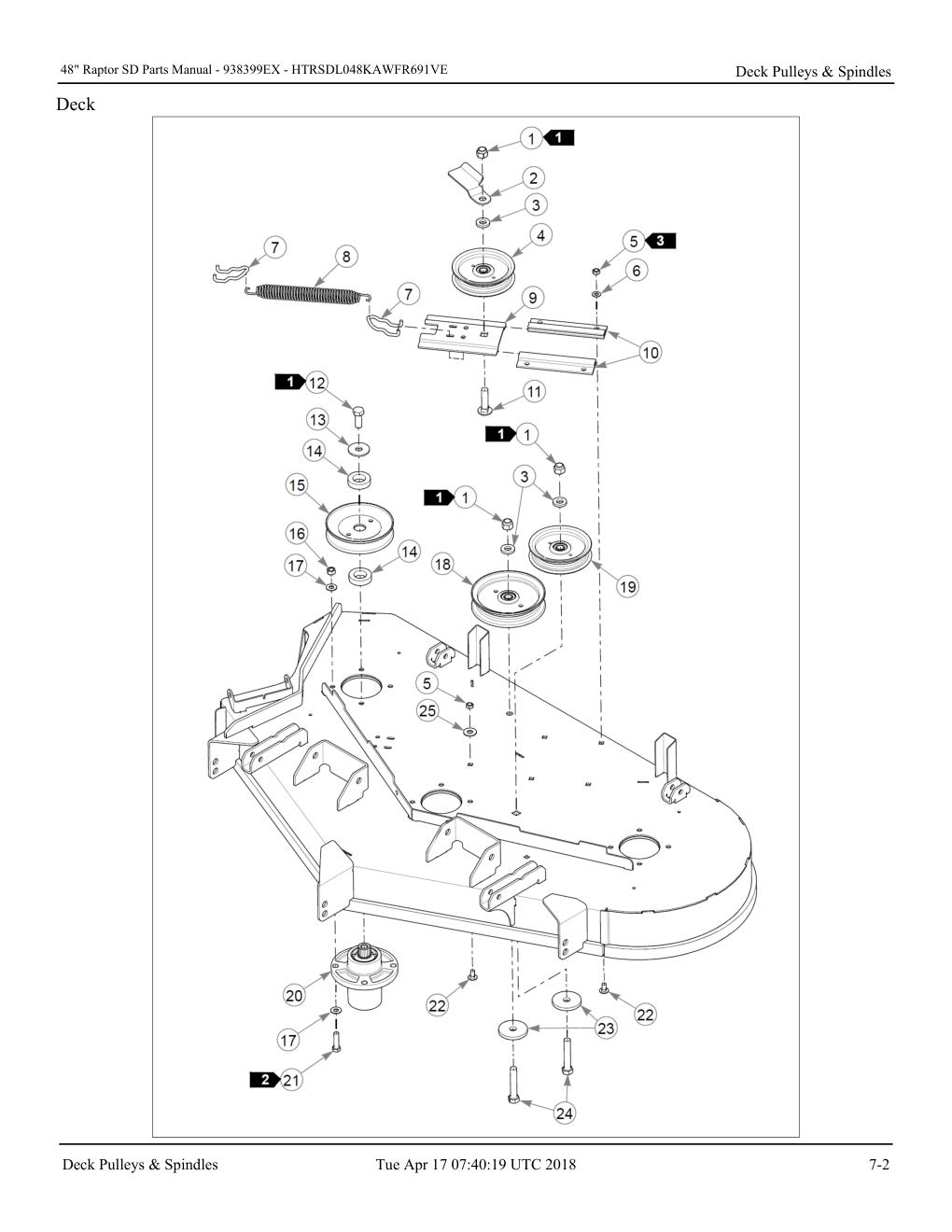 48" Raptor SD Parts Manual - - 938399EX - Deck Pulleys & Spindles diagram