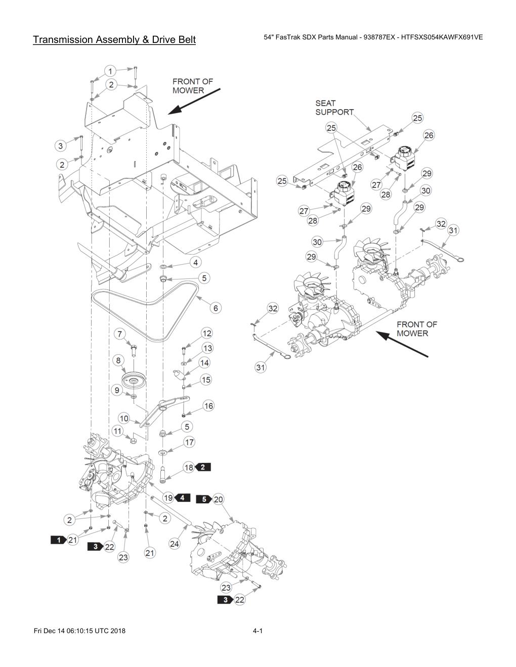 54" FasTrak SDX Parts Manual - 938787EX - HTFSXS054KAWFX691VE - 605380 - Transmission Assembly & Drive Belt diagram