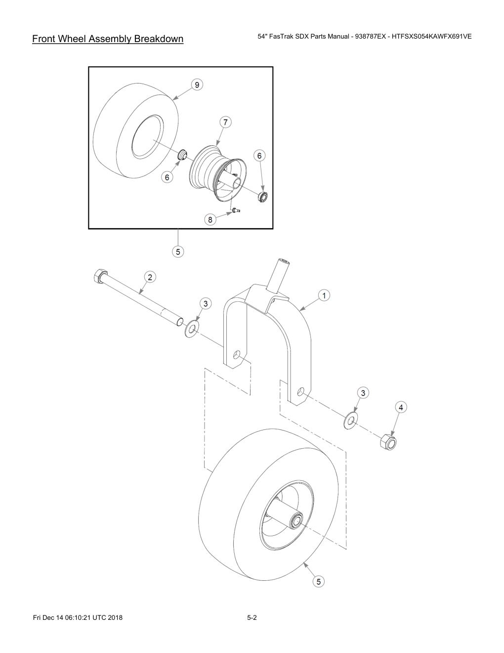 54" FasTrak SDX Parts Manual - 938787EX - HTFSXS054KAWFX691VE - 605380 - Front Wheel Assembly Breakdown diagram