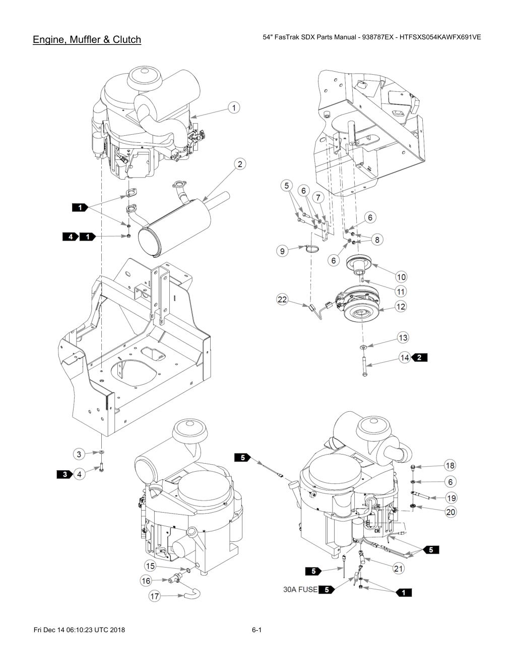 54" FasTrak SDX Parts Manual - 938787EX - HTFSXS054KAWFX691VE - 605380 - Engine, Muffler & Clutch diagram