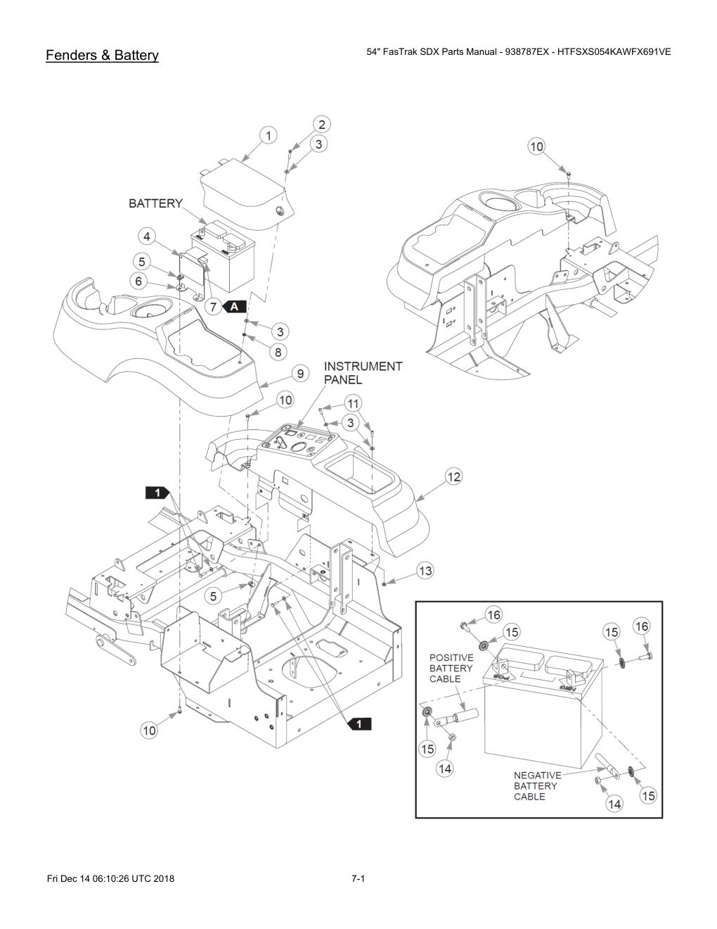 54" FasTrak SDX Parts Manual - 938787EX - HTFSXS054KAWFX691VE - 605380 - Fenders & Battery diagram