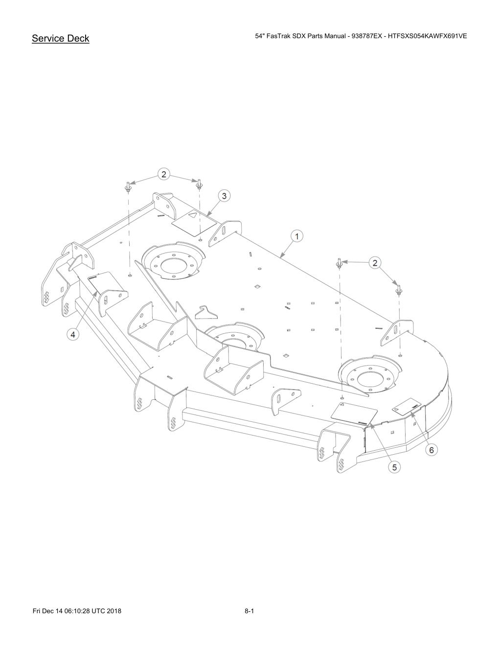 54" FasTrak SDX Parts Manual - 938787EX - HTFSXS054KAWFX691VE - 605380 - Service Deck diagram