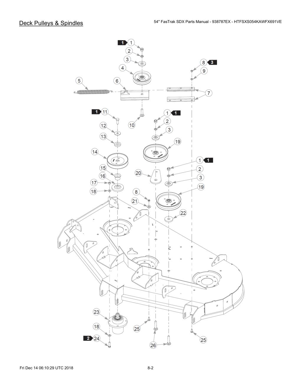54" FasTrak SDX Parts Manual - 938787EX - HTFSXS054KAWFX691VE - 605380 - Deck Pulleys & Spindles diagram