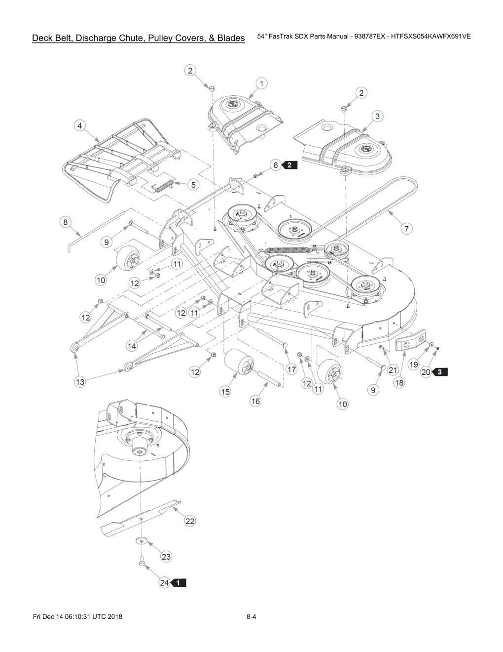 54" FasTrak SDX Parts Manual - 938787EX - HTFSXS054KAWFX691VE - 605380 - Deck Belt, Discharge Chute, Pulley Covers, & Blades diagram