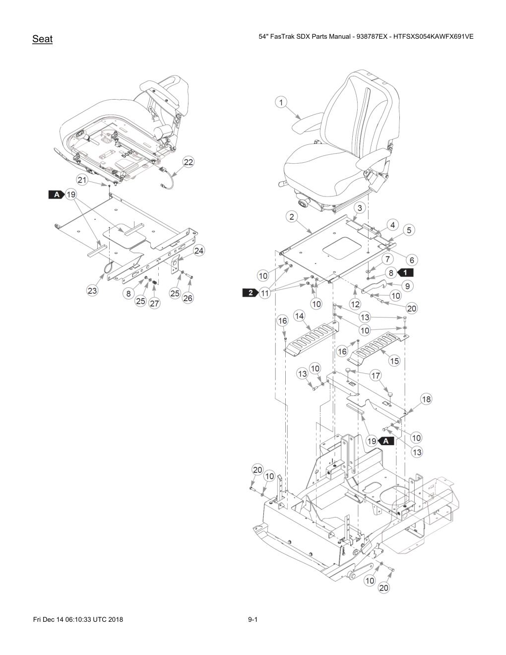 54" FasTrak SDX Parts Manual - 938787EX - HTFSXS054KAWFX691VE - 605380 - Seat diagram