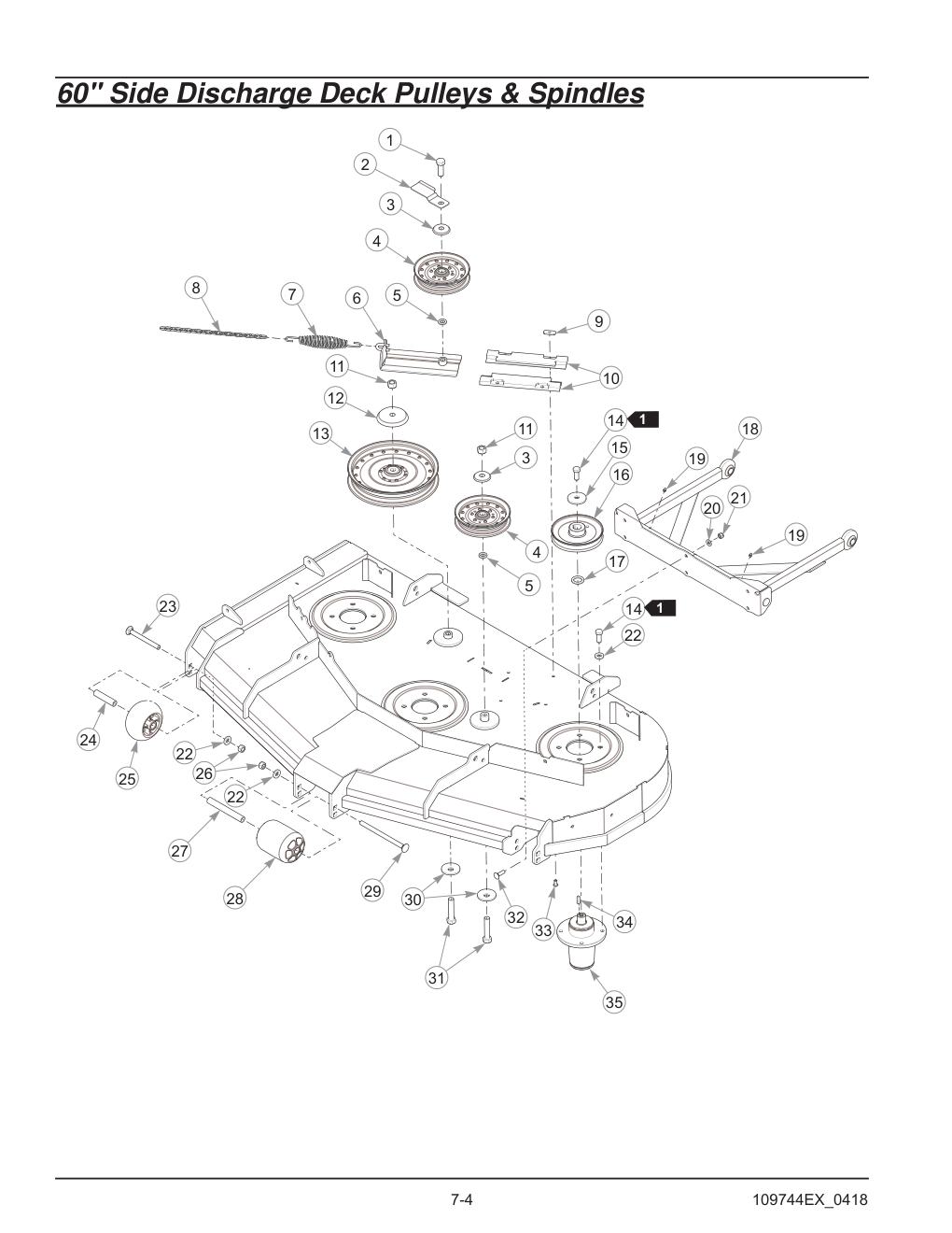 Hustler® Diesel Z Parts Manual - 605696 - 60" Side Discharge Deck Pulleys & Spindles diagram