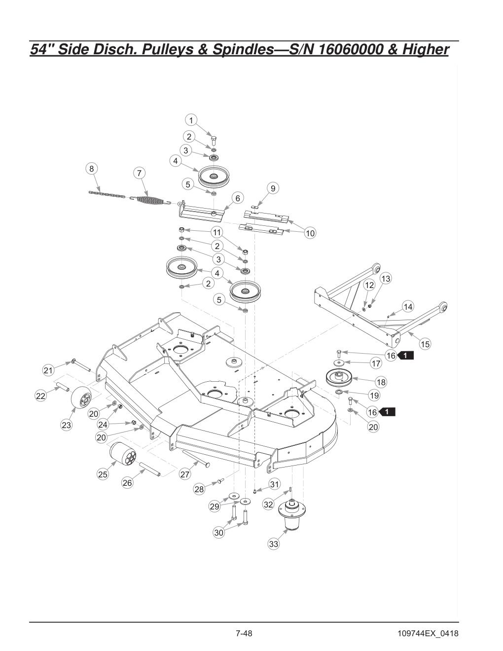 Hustler® Diesel Z Parts Manual - 605696 - 54" Side Disch. Pulleys & Spindles-S/N 16060000 & Higher diagram