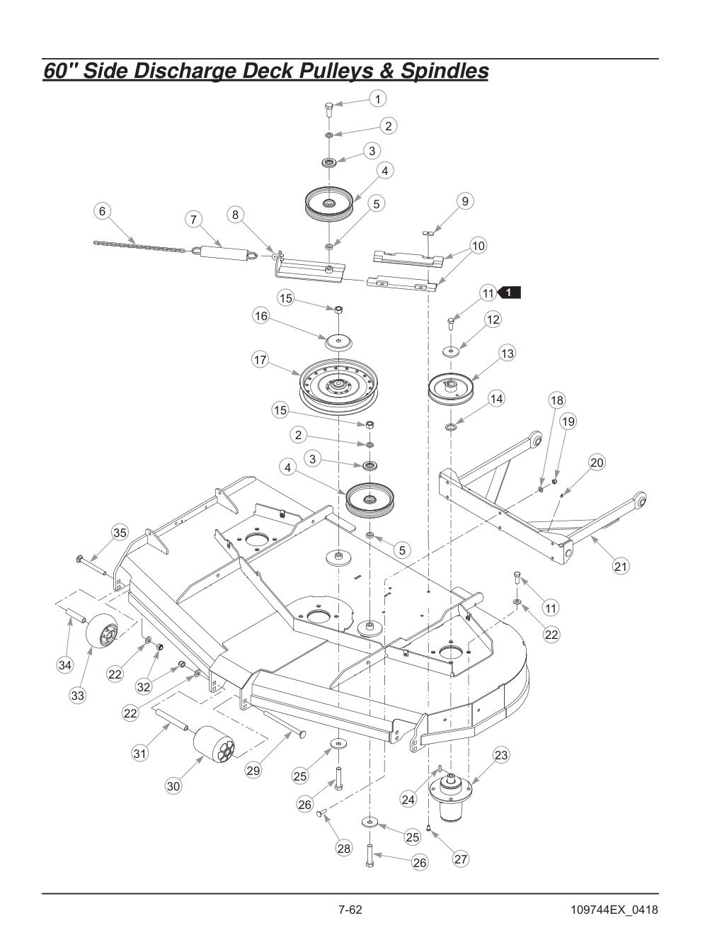 Hustler® Diesel Z Parts Manual - 605696 - 60" Side Discharge Deck Pulleys & Spindles diagram