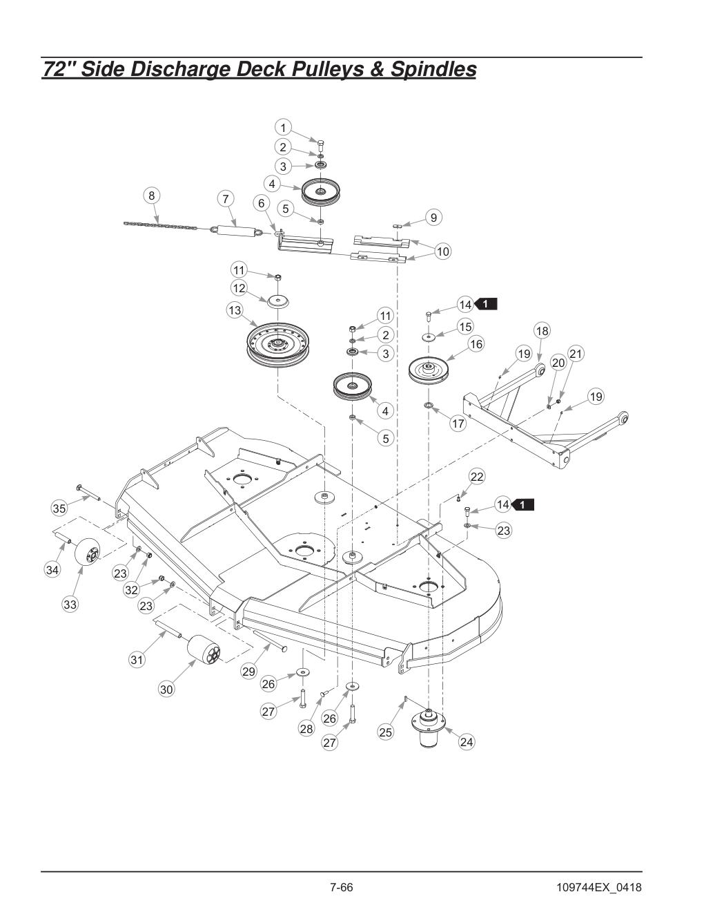 Hustler® Diesel Z Parts Manual - 605696 - 72" Side Discharge Deck Pulleys & Spindles diagram