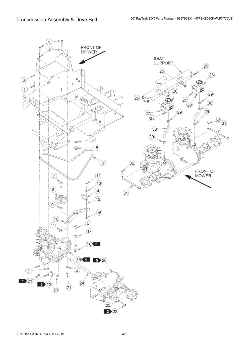 60" FasTrak SDX Parts Manual - 938795EX - HTFSXS060KAWFX730VE - 605380 - Transmission Assembly & Drive Belt diagram