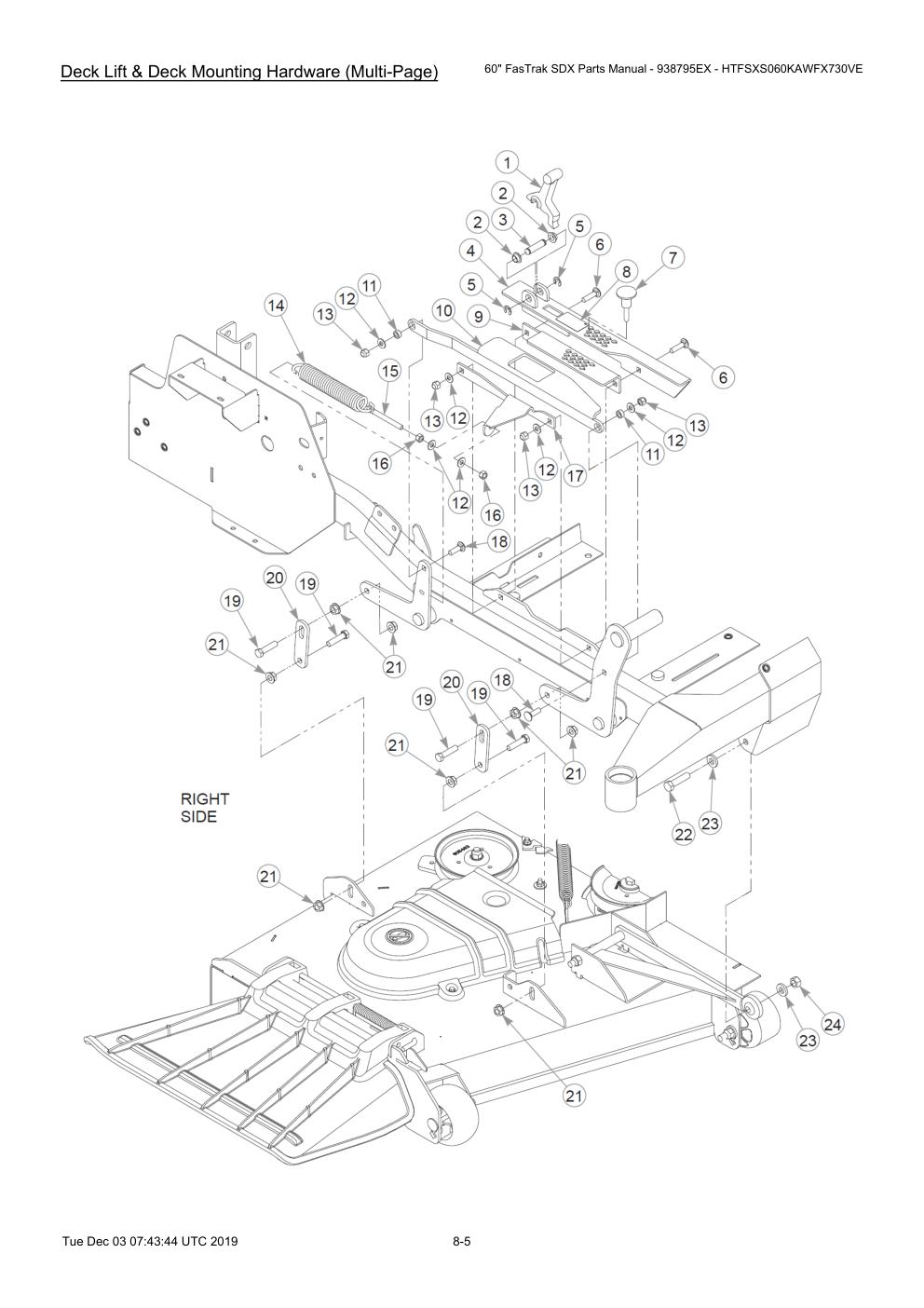 60" FasTrak SDX Parts Manual - 938795EX - HTFSXS060KAWFX730VE - 605380 - Deck Lift & Deck Mounting Hardware (Multi-Page) diagram