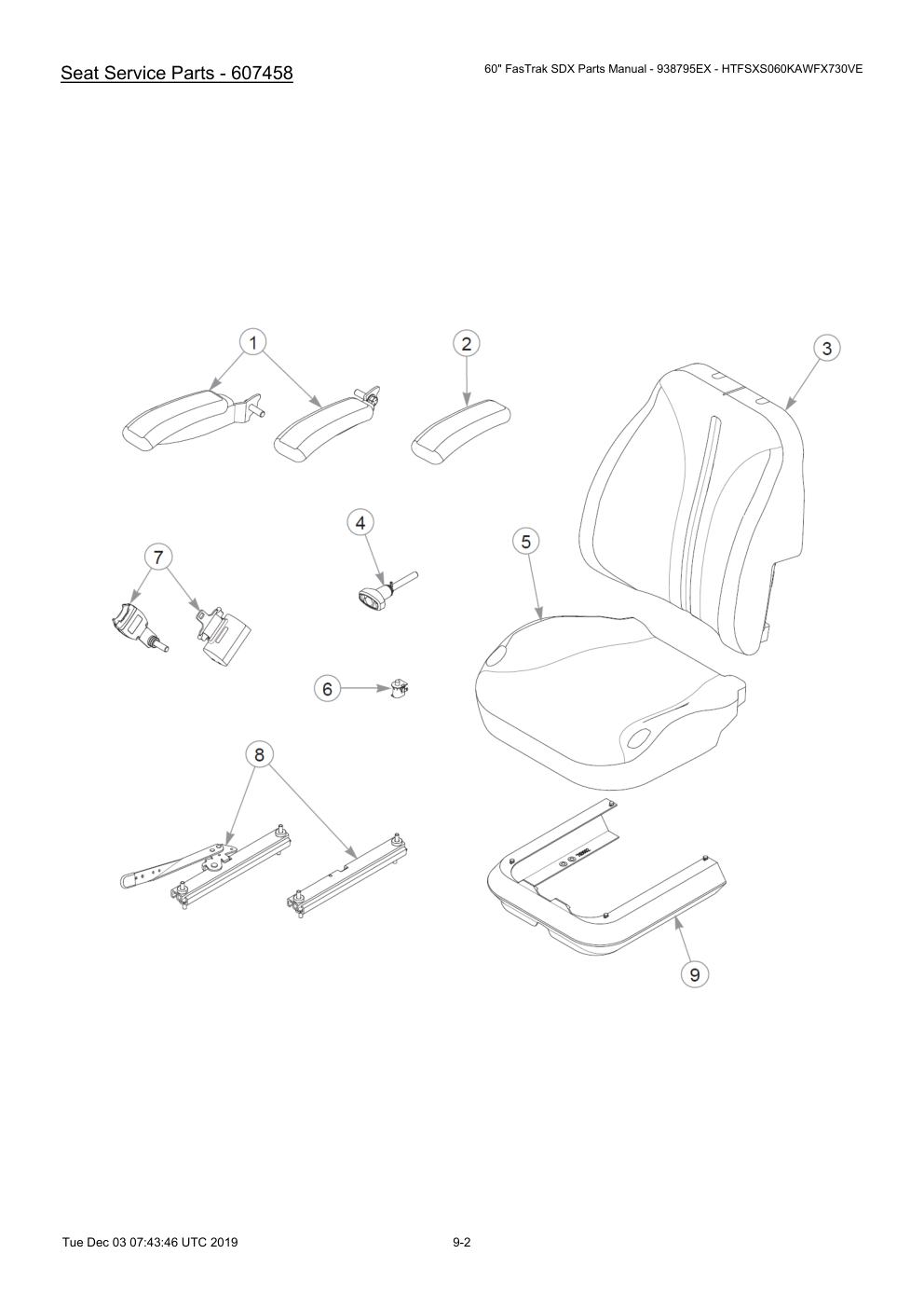 60" FasTrak SDX Parts Manual - 938795EX - HTFSXS060KAWFX730VE - 605380 - Seat Service Parts - 607458 diagram
