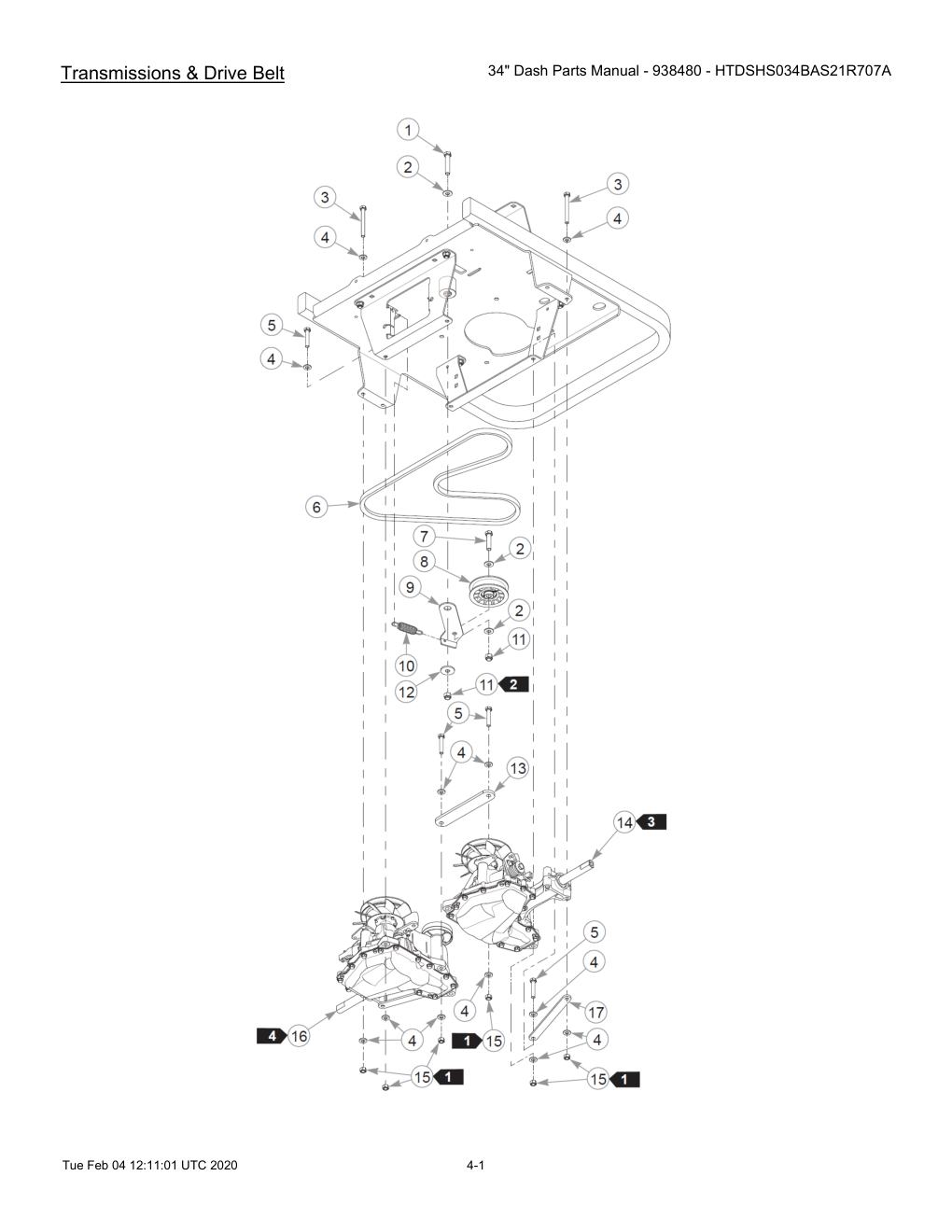 34" Dash Parts Manual - 938480 - HTDSHS034BAS21R707A - 604214 - Transmissions & Drive Belt diagram