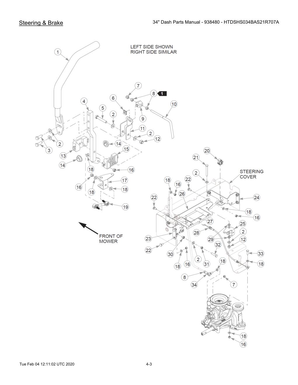 34" Dash Parts Manual - 938480 - HTDSHS034BAS21R707A - 604214 - Steering & Brake diagram