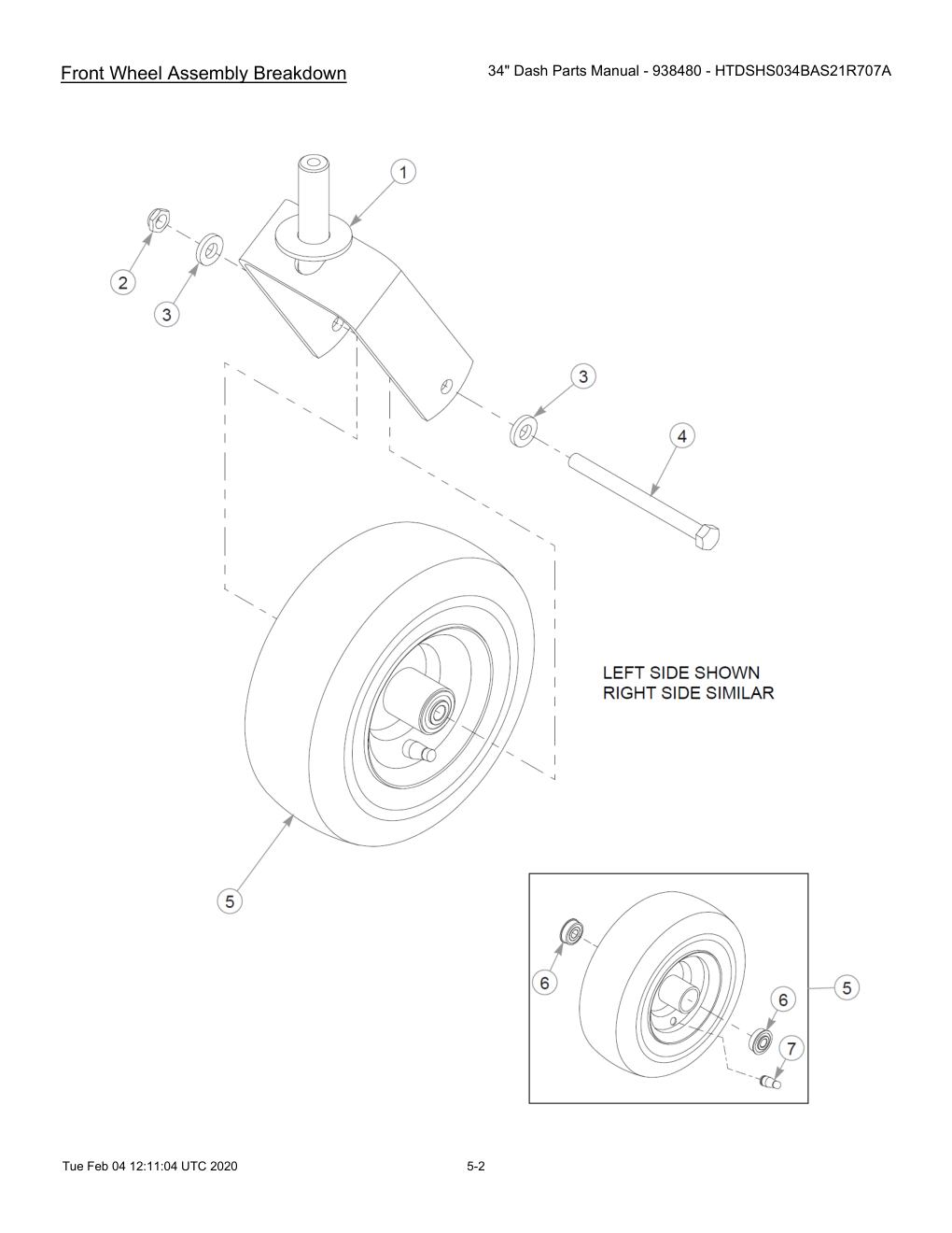 34" Dash Parts Manual - 938480 - HTDSHS034BAS21R707A - 604214 - Front Wheel Assembly Breakdown diagram